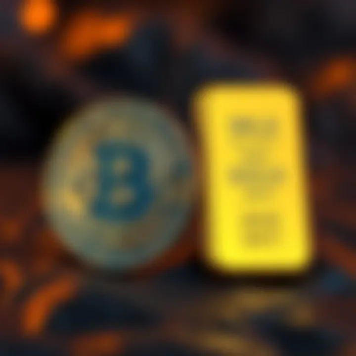 A visual comparison showing one Bitcoin and a gold bar side by side, illustrating their similar value.