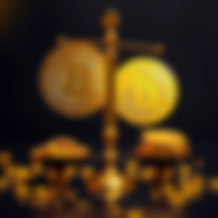 A visual comparison of Bitcoin and Gold coins, highlighting their differences as investments, with a scale balancing both assets.