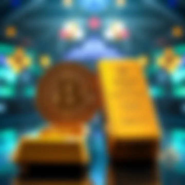 An illustration showing a Bitcoin coin and a gold bar side by side, highlighting the contrast between their values based on rarity and utility.