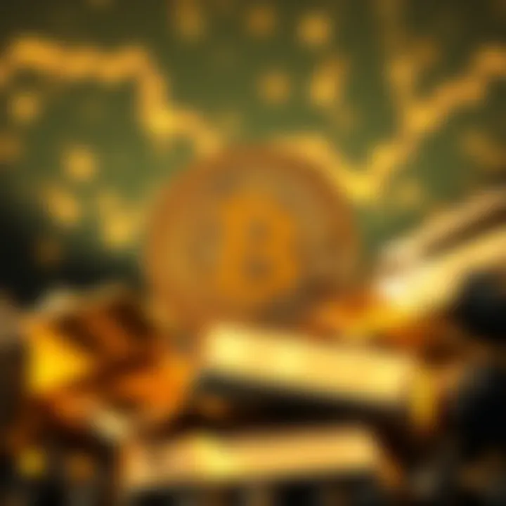 A graphic showing Bitcoin rising with gold bars in the background, symbolizing the prediction of Bitcoin reaching new highs while gold performs well.