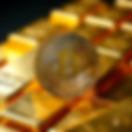 A visual representation of Bitcoin's symbol with gold bars in the background, depicting the potential relationship between Bitcoin and the Gold Standard.