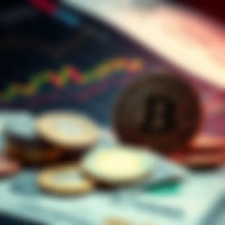 A visual representation of Bitcoin's impact on government financial actions, featuring coins and dollar bills with a background of charts showing inflation and conflict funding.