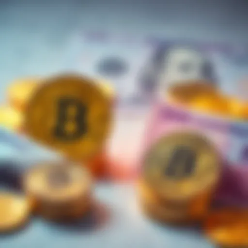 Bitcoin and Government Currency Debate A visual representation of Bitcoin coins and traditional currency notes, highlighting the contrast between cryptocurrencies and government currencies.