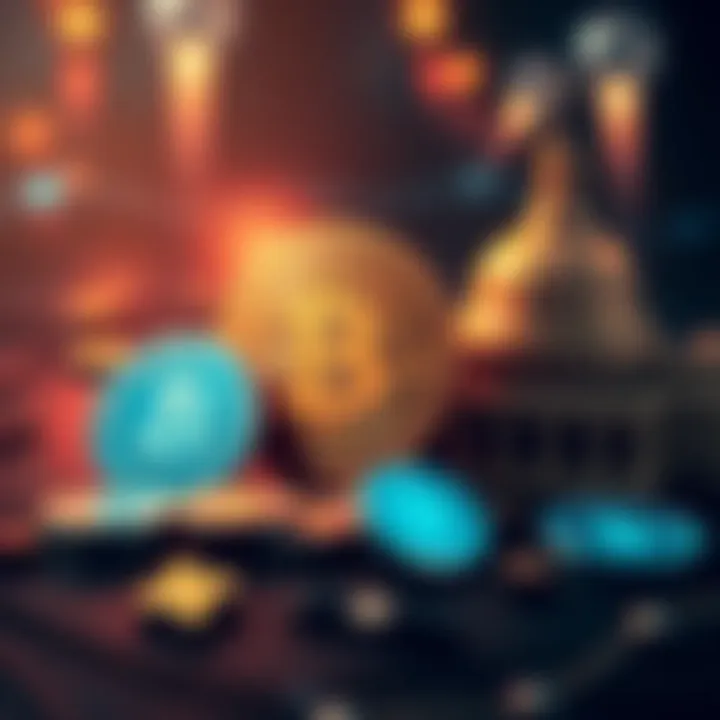 An illustration showing Bitcoin logo next to symbols representing the US government and Central Bank Digital Currencies.