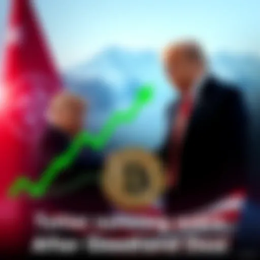 A graphic showing Bitcoin symbol rising with green arrows, indicating a price increase, next to an image of President Trump shaking hands with NATO representatives. The background features Greenland's...