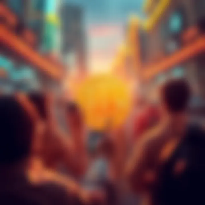 A visual representation of Bitcoin's rising popularity, with people engaging in transactions and holding digital wallets.