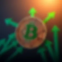 A Bitcoin symbol surrounded by green upward arrows, symbolizing growth and investment potential.