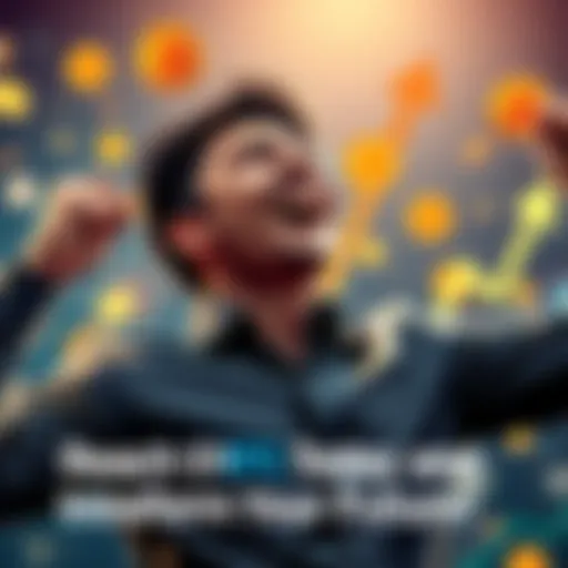 A person celebrating with Bitcoin symbols and upward arrows, representing financial success
