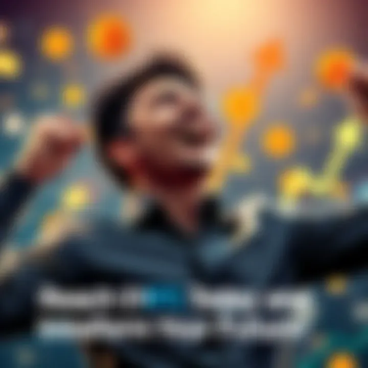 A person celebrating with Bitcoin symbols and upward arrows, representing financial success