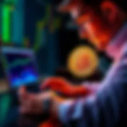 A person holding a Bitcoin coin while studying financial data on a laptop