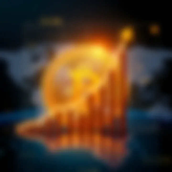 Bitcoin Growth by 2038 A visual representation of Bitcoin with a rising graph symbolizing its projected growth to $10 million by 2038, set against a global map background.