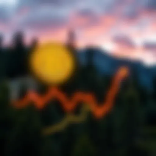 A chart showing Bitcoin price growth and fluctuations, with nature elements like trees and mountains in the background to represent power law in nature.
