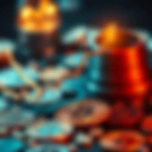 A graphic showing the upward trend of Bitcoin prices with coins in the background