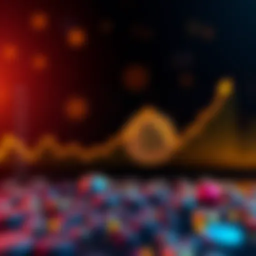 A line chart showing Bitcoin's fluctuating price over time compared to gold and stocks, with an upward trend suggesting long-term growth potential.