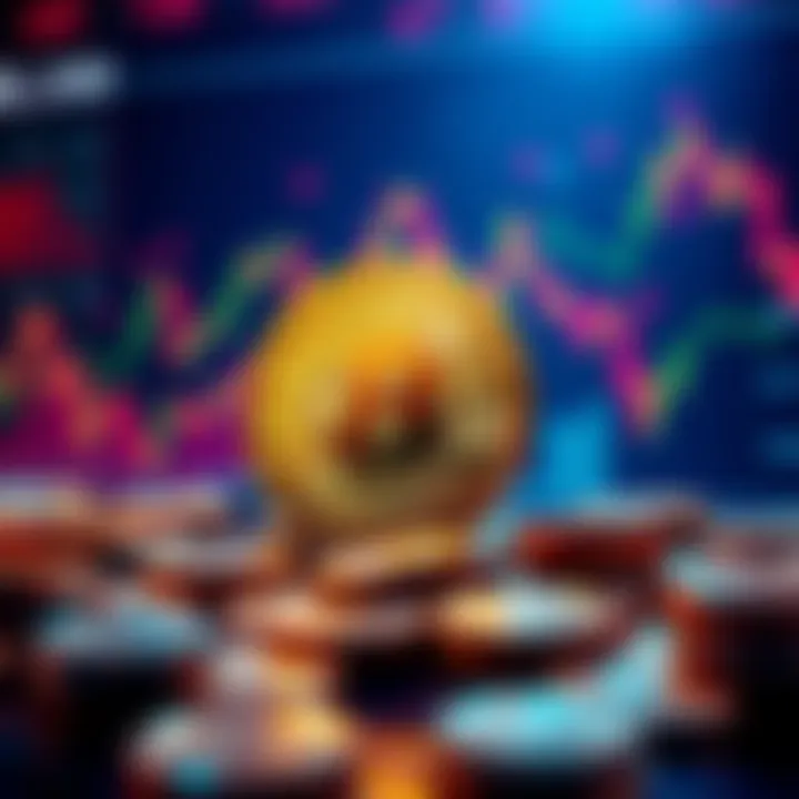A visual representation of Bitcoin's value fluctuations with charts and coins in the background.