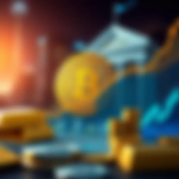 A chart showing Bitcoin's steady growth alongside traditional financial symbols like gold bars and a bank building.