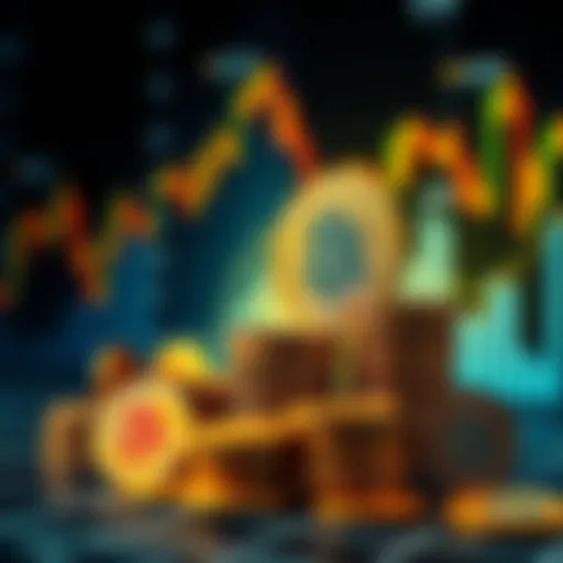 A graph showing Bitcoin's rise in value with coins stacked and a background of financial charts