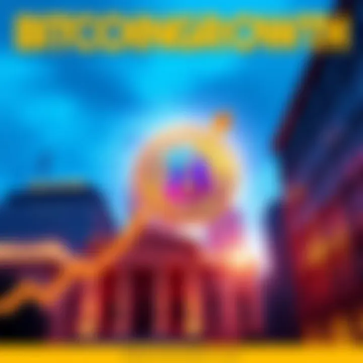 A graphic showing a rising Bitcoin symbol with institutional buildings in the background, symbolizing inflows of capital.