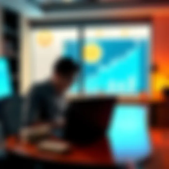 A person sitting at a desk with a laptop, looking at a Bitcoin chart displaying growth and investment potential, with a stack of dollar bills nearby.