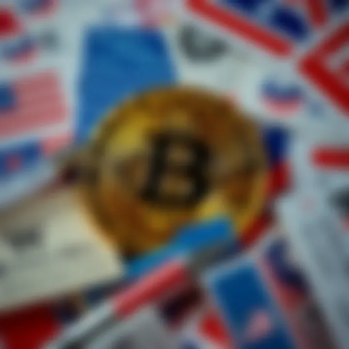 Bitcoin symbol surrounded by U.S. election campaign materials