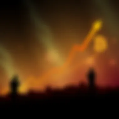 A graph showing Bitcoin value rising sharply with arrows and investor silhouettes pondering in the background.