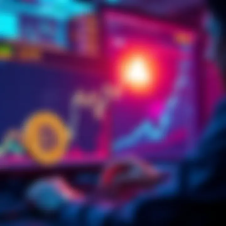 A graph showing the rising trend of Bitcoin prices alongside charts illustrating long-term investment strategies, with a person analyzing data on a screen.