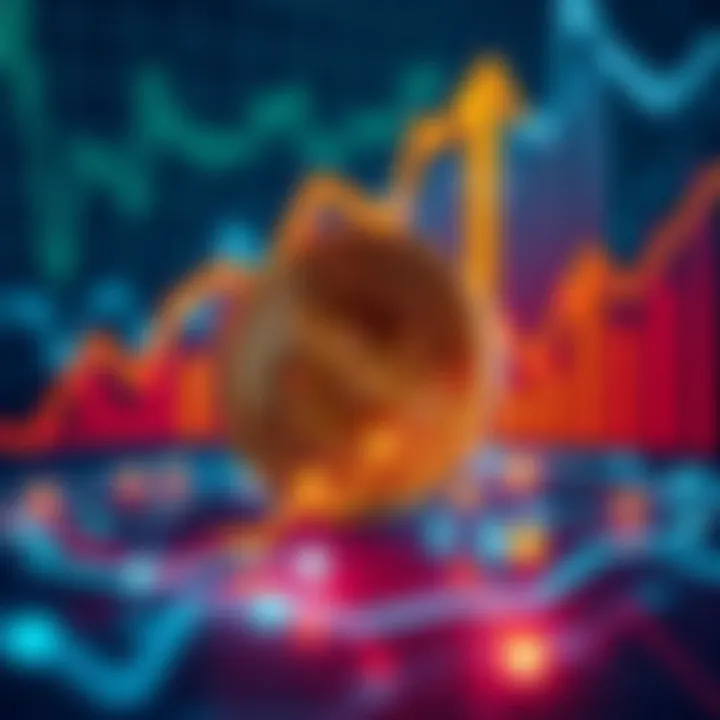 Bitcoin symbol with upward trend A Bitcoin symbol surrounded by graphs showing an upward trend, representing growth and investment