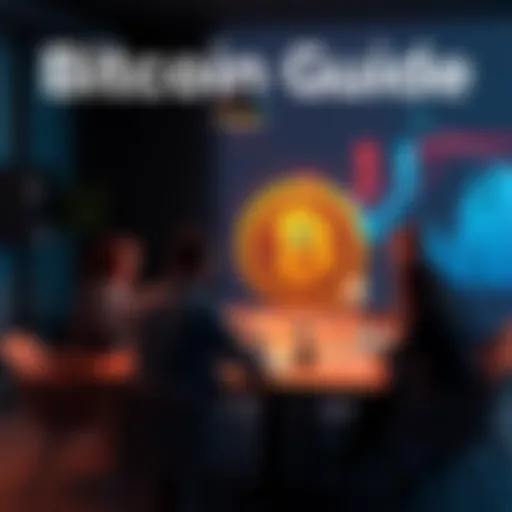 A simple guide to Bitcoin with a graphic of the Bitcoin symbol and people discussing around a table.