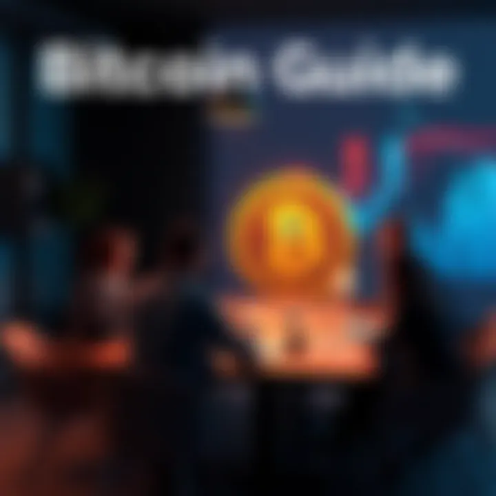 A simple guide to Bitcoin with a graphic of the Bitcoin symbol and people discussing around a table.