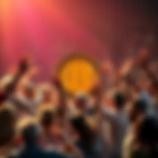 A Bitcoin symbol surrounded by joyful people celebrating their financial freedom.