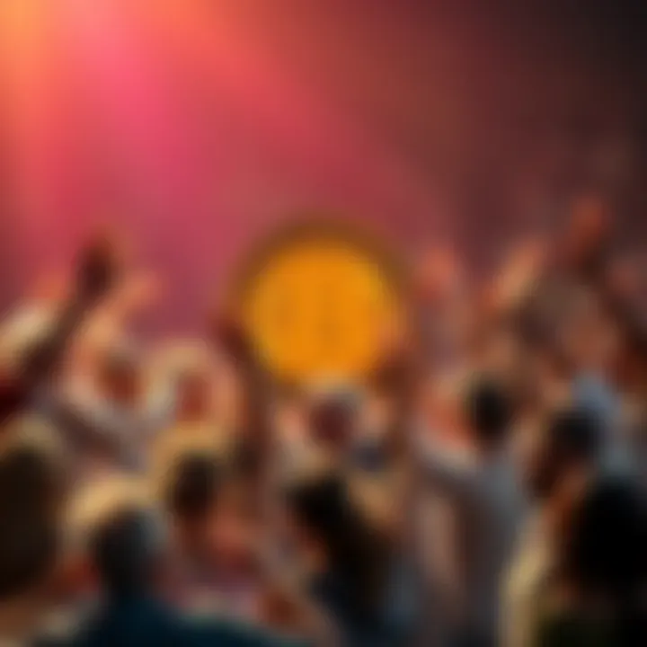 A Bitcoin symbol surrounded by joyful people celebrating their financial freedom.