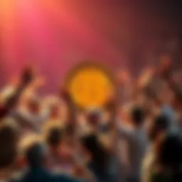 Bitcoin symbol with happy people A Bitcoin symbol surrounded by joyful people celebrating their financial freedom.