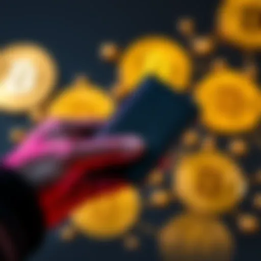 A person holding a hard wallet with Bitcoin symbols in the background