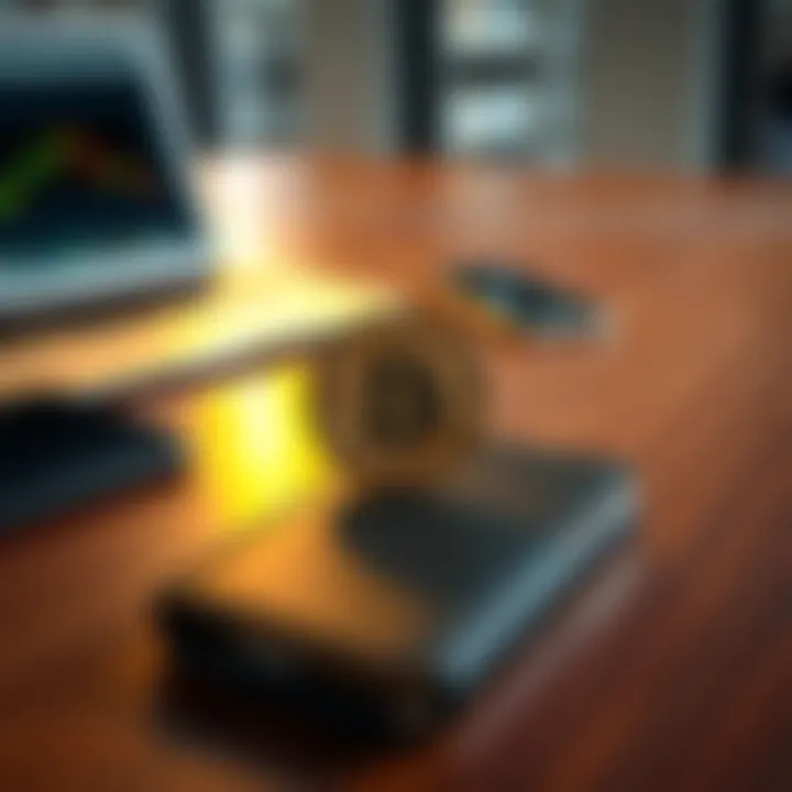 A Bitcoin hardware wallet displayed on a wooden table with a laptop and smartphone in the background, highlighting security for new investors.