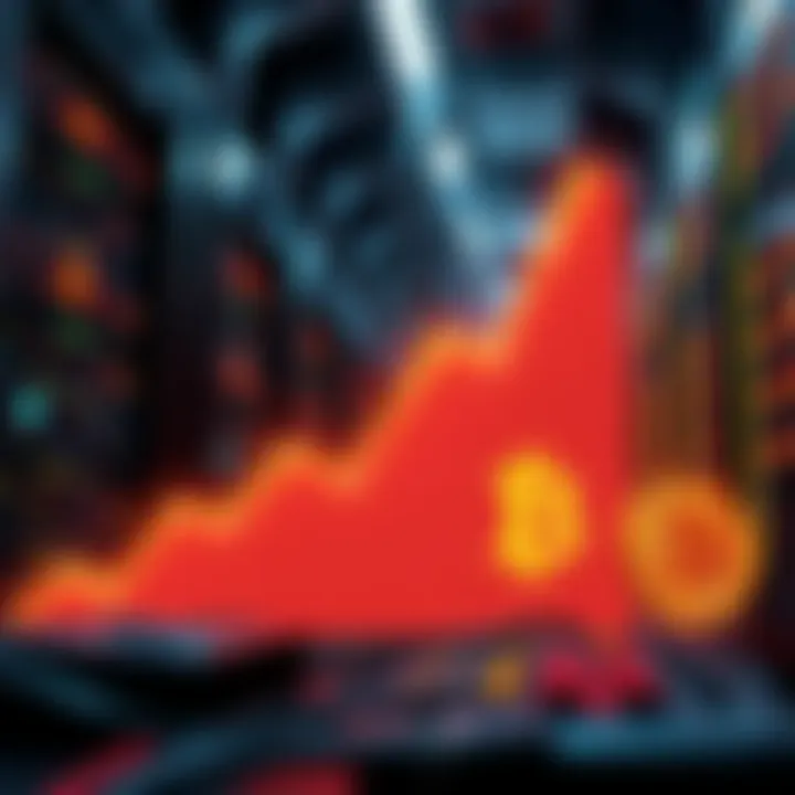 An illustration showing a rising graph representing Bitcoin hashrate growth with mining rigs in the background