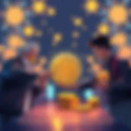 Illustration of people exchanging Bitcoin for Hedera coins, showing interest in cryptocurrency swaps