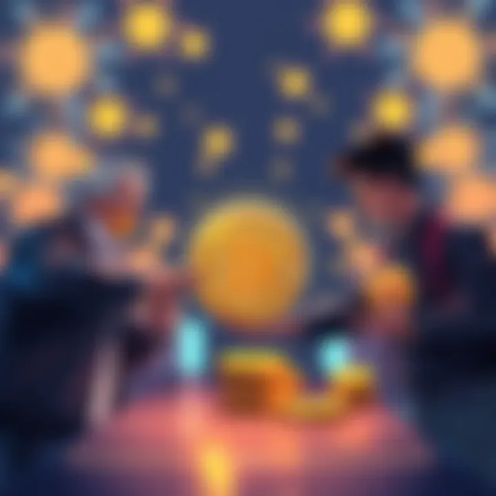 Illustration of people exchanging Bitcoin for Hedera coins, showing interest in cryptocurrency swaps