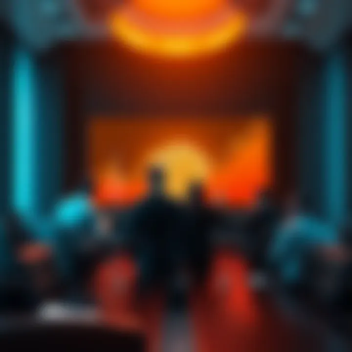 A corporate boardroom with executives looking at a Bitcoin chart, showing uncertainty about investing in Bitcoin.