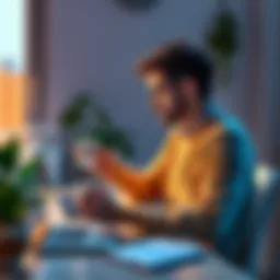 A person enjoying coffee while checking Bitcoin prices on a laptop in a bright kitchen, surrounded by plants and a notepad.