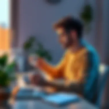 A person enjoying coffee while checking Bitcoin prices on a laptop in a bright kitchen, surrounded by plants and a notepad.