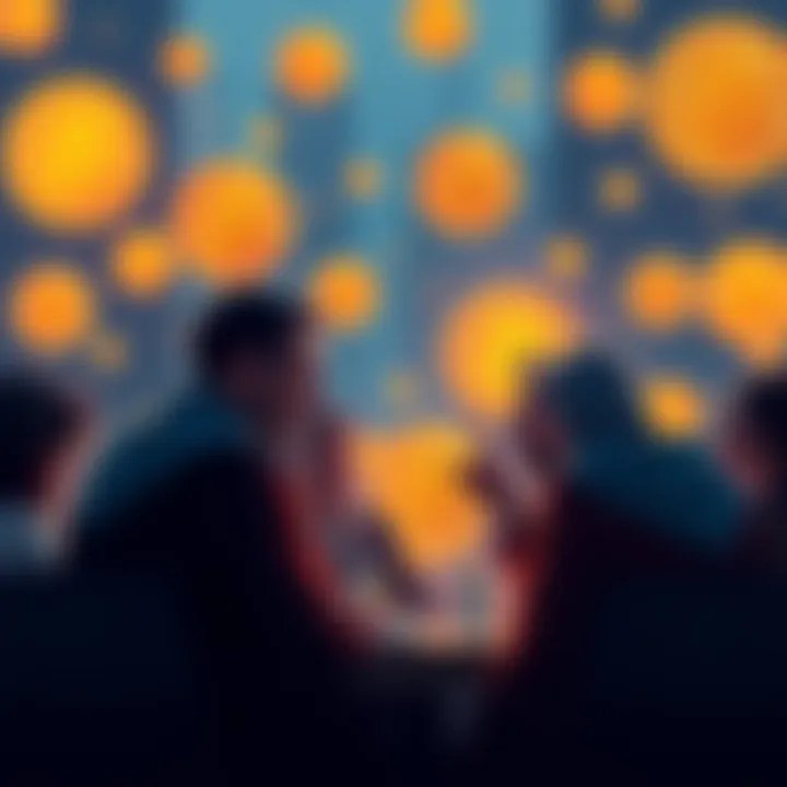 A group of people engaged in a conversation about Bitcoin investment, highlighting steadfast investors who hold onto their assets, with Bitcoin symbols in the background.