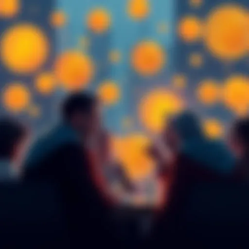 Bitcoin Hodlers Discussion A group of people engaged in a conversation about Bitcoin investment, highlighting steadfast investors who hold onto their assets, with Bitcoin symbols in the background.