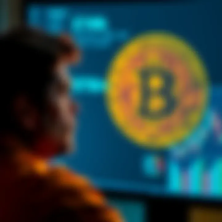 A person looking thoughtfully at a Bitcoin symbol on a screen, reflecting on long-term investment strategy.