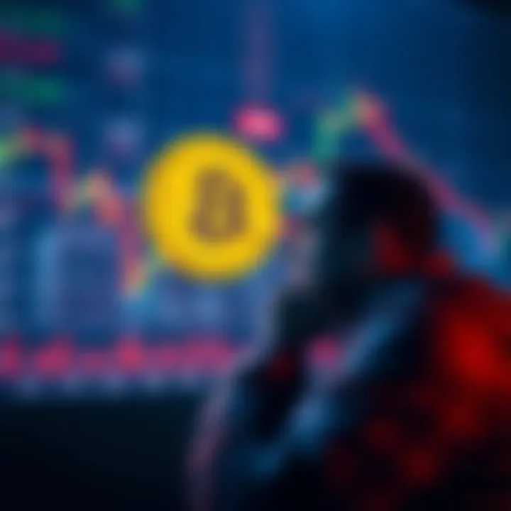 A thoughtful person looking at a graph showing Bitcoin prices; contemplating during a market downturn.