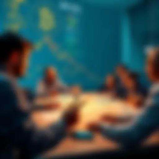 A group of people discussing Bitcoin holding strategies over a decade, with charts and graphs on a table