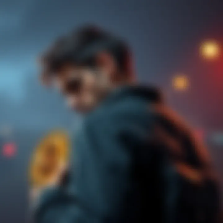 A frightened Bitcoin holder looks over their shoulder while clutching a digital wallet, indicating a rise in physical attacks on cryptocurrency investors.