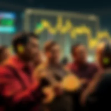 Bitcoin holders staying calm Group of Bitcoin believers confidently discussing cryptocurrency amidst market fluctuations