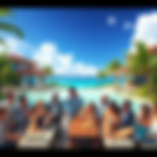 A group of diverse people enjoying their wealth in a tropical location with luxurious homes and a beach in the background, showcasing their lifestyles after investing in Bitcoin in 2012.