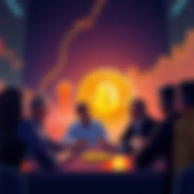 A group of people discussing their long-term plans to hold Bitcoin investments for decades, with charts showing rising trends in the background.