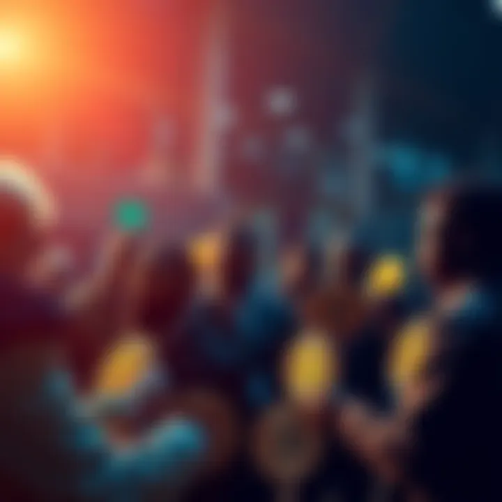 A diverse group of Bitcoin holders gathered, discussing their investment strategies while holding Bitcoin symbols, showing determination not to sell.